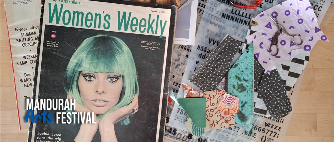 a collection of magazine covers, scraps of paper and scissors are artfully scattered across a wooden desk